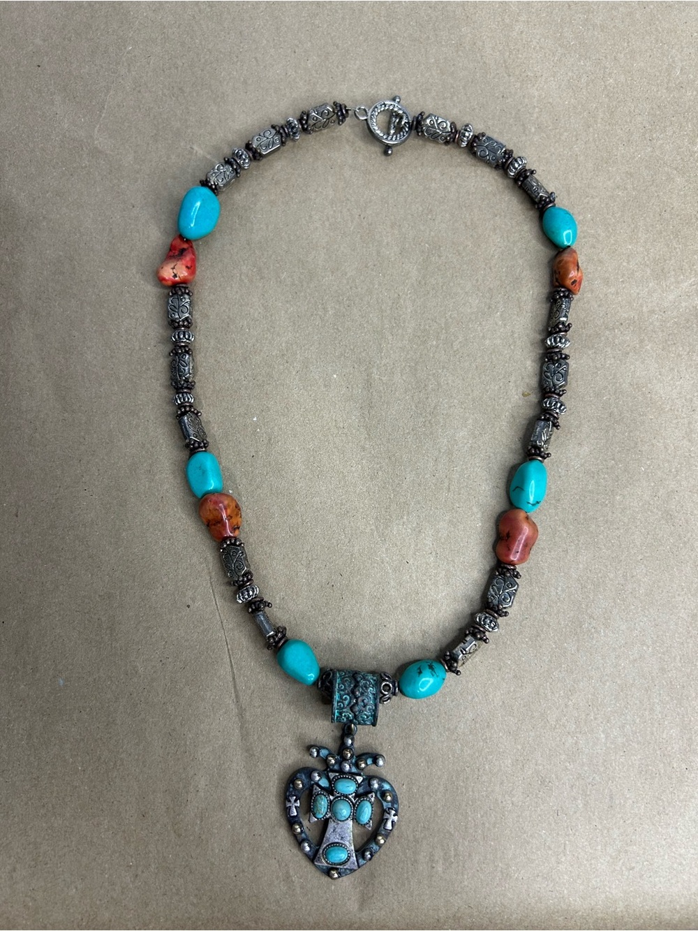Turquoise Heart Cross Inlay Pendant & Stone Beaded Necklace